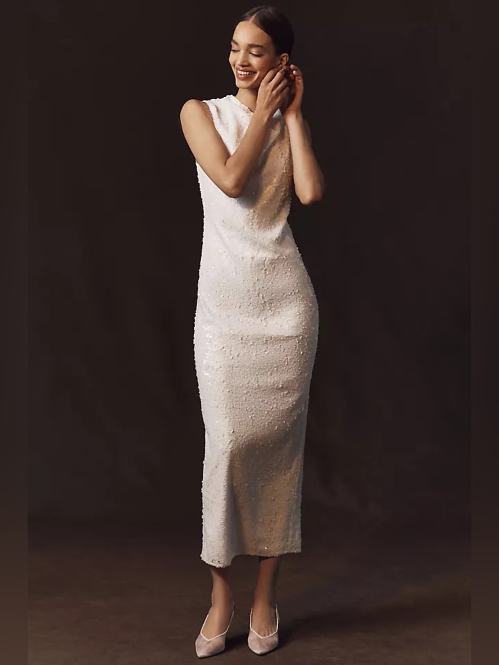 Anthropologie Weddings × Shona Joy Illusion Sequin Cowl-Neck Slim Midi Dress
